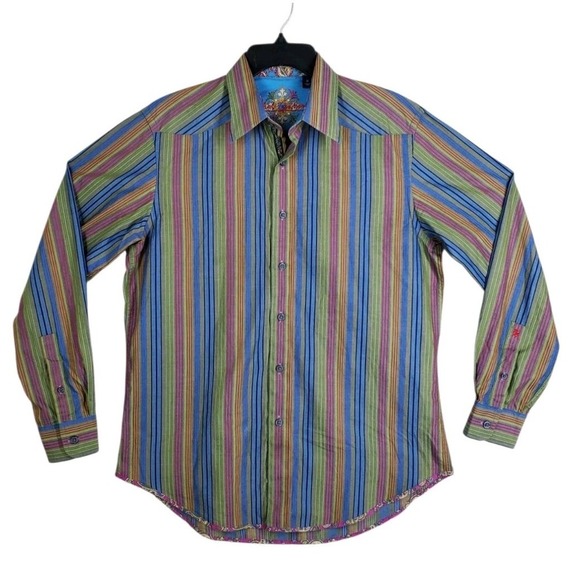 Robert Graham Dress Shirt Mens M Blue Green Red Colorful Striped Flip Cuffs LS - Picture 6 of 11